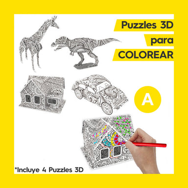 4 Puzzles 3D para Colorear - A